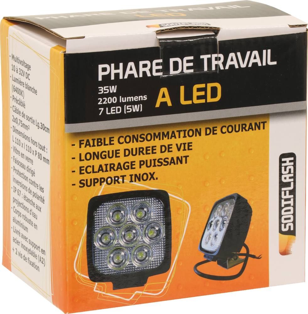 PHARE DE TRAVAIL CARRE 7 LED 35W 2200 LUMENS FAISCEAU LARGE -  Distri-pièces.fr